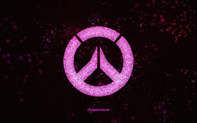 Logotipo do Overwatch com glitter, fundo preto, logotipo do Overwatch, arte com glitter rosa, Overwatch, arte criativa, logotipo com glitter rosa do Overwatch