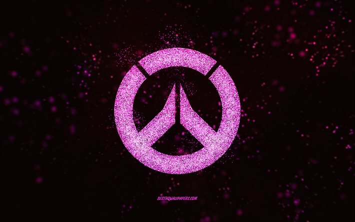 Logo glitter Overwatch, sfondo nero, logo Overwatch, arte glitter rosa, Overwatch, arte creativa, logo glitter rosa Overwatch