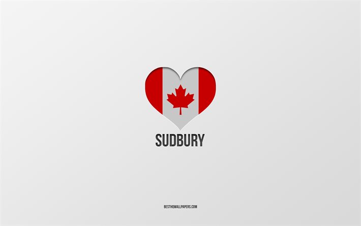 I Love Sudbury, Villes canadiennes, fond gris, Sudbury, Canada, Coeur de drapeau canadien, villes pr&#233;f&#233;r&#233;es, Love Sudbury