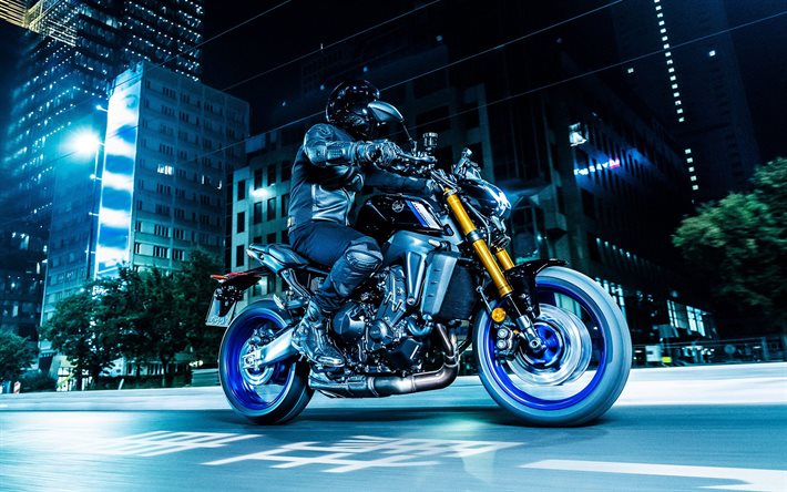 Yamaha MT-09 SP, 4k, gece manzaraları, 2021 bisikletler, hareket bulanıklığı, superbikes, 2021 Yamaha MT-09 SP, Yamaha