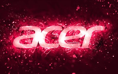 Acer vaaleanpunainen logo, 4k, vaaleanpunainen neonvalot, luova, vaaleanpunainen abstrakti tausta, Acer logo, tuotemerkit, Acer