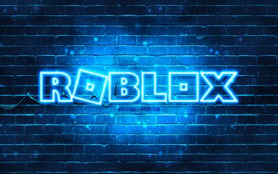 Roblox blue logo, 4k, blue brickwall, Roblox logo, online games, Roblox neon logo, Roblox