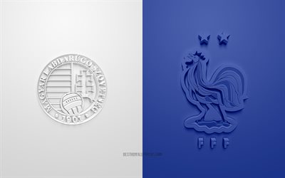 Hungria x Fran&#231;a, UEFA Euro 2020, Grupo F, logotipos 3D, fundo azul branco, Euro 2020, partida de futebol, sele&#231;&#227;o francesa de futebol, sele&#231;&#227;o da Hungria de futebol