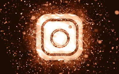 Instagram ruskea logo, 4k, ruskeat neonvalot, luova, ruskea abstrakti tausta, Instagram-logo, sosiaalinen verkosto, Instagram