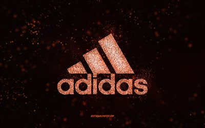 Adidas glitter logotyp, svart bakgrund, Adidas logotyp, orange glitter konst, Adidas, kreativ konst, Adidas orange glitter logotyp