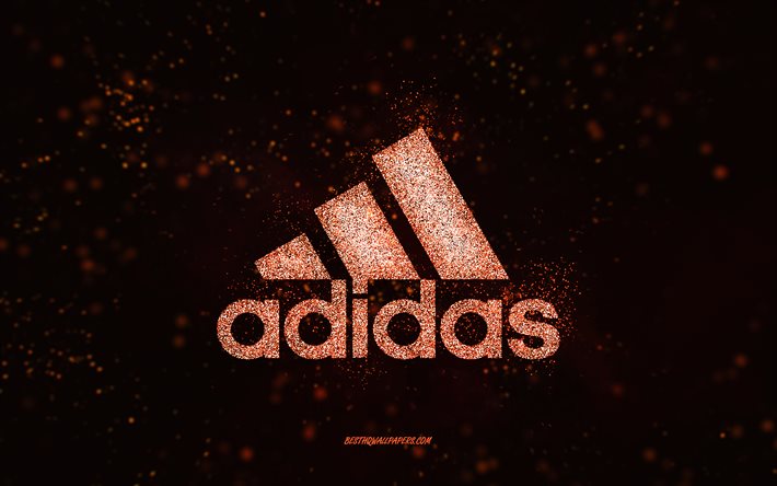 Logotipo de glitter adidas, fundo preto, logotipo da Adidas, arte de glitter laranja, Adidas, arte criativa, logotipo de glitter laranja da Adidas