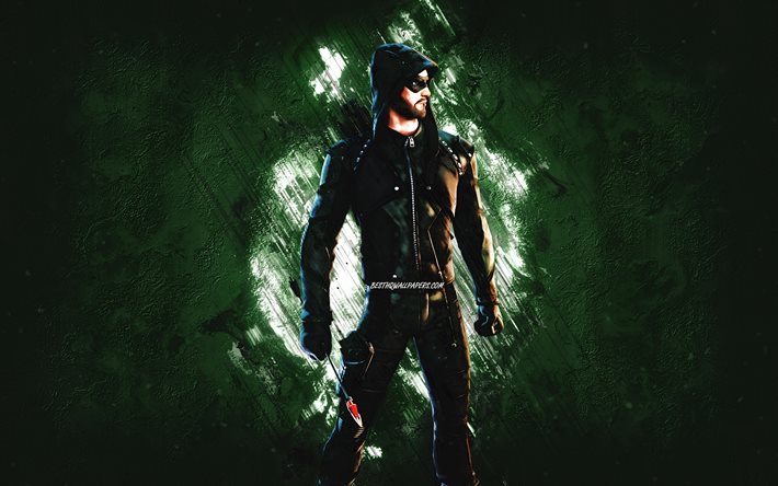 Fortnite Green Arrow Skin, Fortnite, huvudpersoner, gr&#246;n stenbakgrund, Gr&#246;n pil, Fortnite skinn, Green Arrow Skin, Green Arrow Fortnite, Fortnite tecken