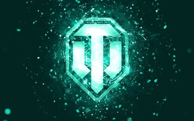 World of Tanks turquoise logo, 4k, turquoise neon lights, WoT, creative, turquoise abstract background, World of Tanks logo, brands, WoT logo, World of Tanks
