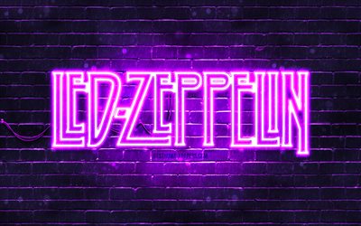 Led Zeppelin violet logo, 4k, violet brickwall, british rock band, Led Zeppelin logo, music stars, Led Zeppelin neon logo, Led Zeppelin