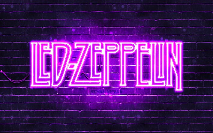 レッド・ツェッペリン・バイオレットのロゴ, 4k, 紫のレンガの壁, イギリスのロックバンド, レッド・ツェッペリン, 音楽スター, レッド・ツェッペリン・ネオンのロゴ