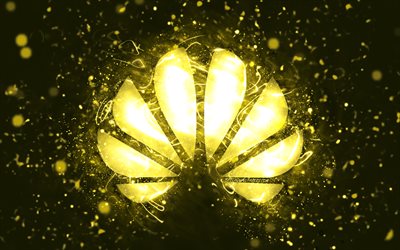 Logo giallo Huawei, 4k, luci al neon gialle, sfondo creativo e astratto giallo, logo Huawei, marchi, Huawei