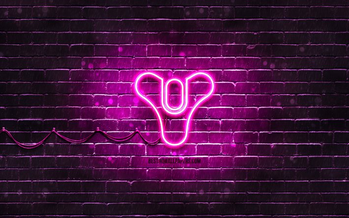 Logotipo roxo destiny, 4k, parede de tijolos roxos, logotipo da Destino, marcas de jogos, logotipo da Destiny neon, Destiny