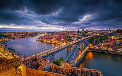 Porto, 4k, paysages nocturnes, paysages urbains horizon, villes portugaises, Portugal, Europe, ponts, Porto la nuit