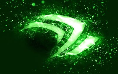 Nvidia yeşil logo, 4k, yeşil neon ışıklar, yaratıcı, yeşil soyut arka plan, Nvidia logosu, markalar, Nvidia