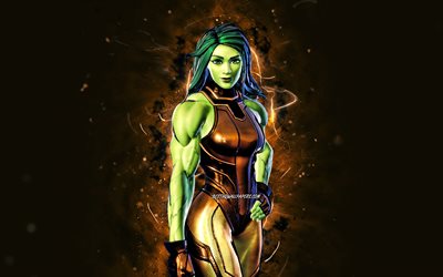 Altın Folyo She-Hulk, 4k, kahverengi neon ışıklar, Fortnite Battle Royale, Fortnite karakterleri, Gold Foil She-Hulk Skin, Fortnite, Gold Foil She-Hulk Fortnite