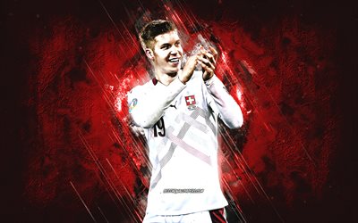 Cedric Itten, Nazionale svizzera di calcio, calciatore svizzero, ritratto, sfondo pietra rossa, calcio, Svizzera