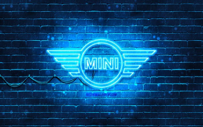 Mini blue logo, 4k, blue brickwall, Mini logo, cars brands, Mini neon logo, Mini