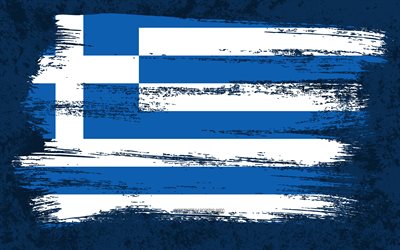 4k, Bandiera della Grecia, bandiere grunge, paesi europei, simboli nazionali, pennellata, bandiera greca, arte grunge, bandiera della Grecia, Europa, Grecia