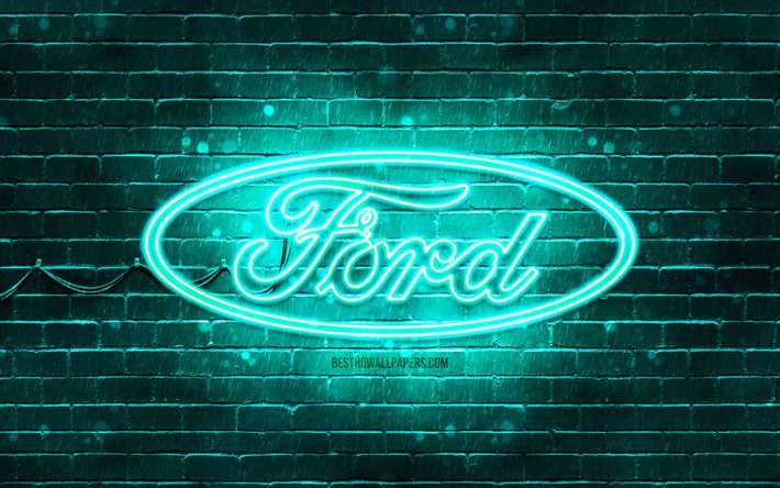 Ford turquesa logotipo, 4k, parede de tijolo turquesa, logotipo da Ford, marcas de carros, logotipo ford neon, Ford