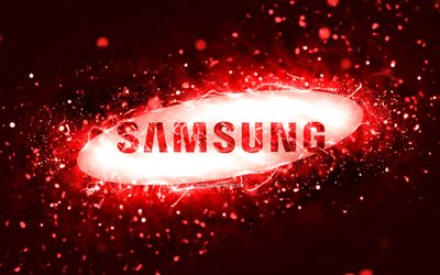 Samsung red logo, 4k, red neon lights, creative, red abstract background, Samsung logo, brands, Samsung