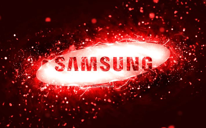 Samsung punainen logo, 4k, punainen neonvalot, luova, punainen abstrakti tausta, Samsung-logo, tuotemerkit, Samsung