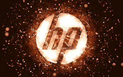 HPブラウンロゴ, 4k, 茶色のネオンライト, creative クリエイティブ, Hewlett-Packard, 茶色の抽象的な背景, HPロゴ, HP