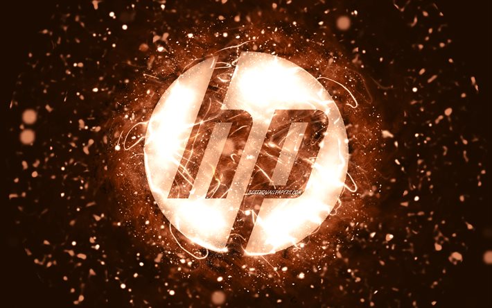 HP:n ruskea logo, 4k, ruskeat neonvalot, luova, Hewlett-Packard-logo, ruskea abstrakti tausta, HP-logo, Hewlett-Packard, HP