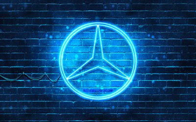 Logo blu Mercedes-Benz, 4k, muro di mattoni blu, logo Mercedes-Benz, marchi di auto, logo Mercedes, logo al neon Mercedes-Benz, Mercedes-Benz