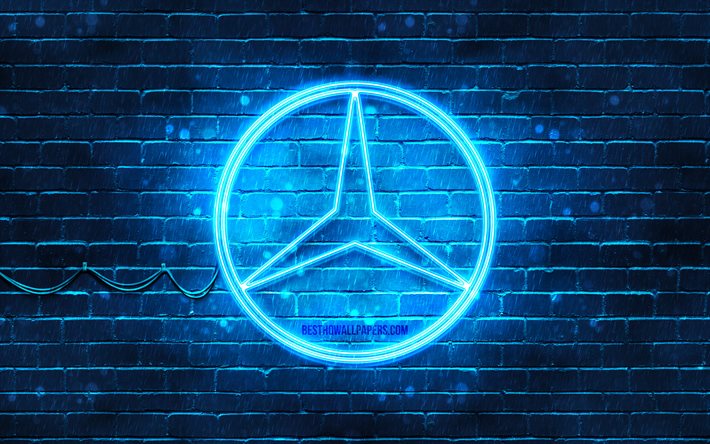 Mercedes-Benz sininen logo, 4k, sininen tiilisein&#228;, Mercedes-Benz-logo, automerkit, Mercedes-logo, Mercedes-Benz neon logo, Mercedes-Benz