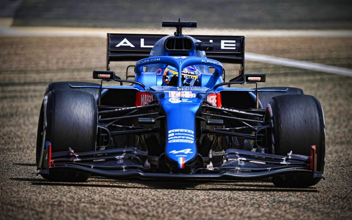 Fernando Alonso, 4k, l&#228;hikuva, Alpine A521, 2021 F1 autot, Formula 1, urheiluautot, Alpine F1 Team, uusi A521, F1, Alpine 2021, F1 autot