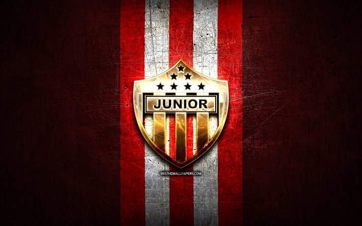 Atl&#233;tico Junior FC, logotipo dourado, Categoria Primera A, fundo de metal vermelho, futebol, clube de futebol colombiano, logotipo atl&#233;tico j&#250;nior, Atl&#233;tico Junior