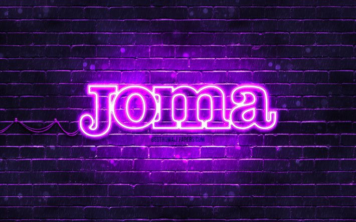 Logo joma viola, 4k, muro di mattoni viola, logo Joma, marchi sportivi, logo al neon Joma, Joma