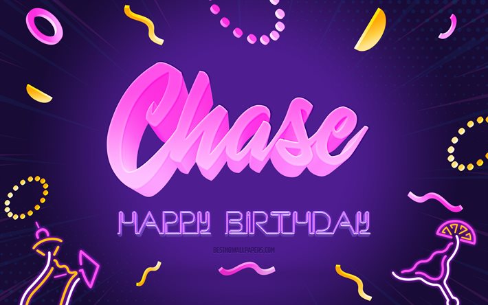 Happy Birthday Chase, 4k, Purple Party Background, Chase, art cr&#233;atif, Joyeux anniversaire Chase, Nom Chase, Chase Birthday, Birthday Party Background