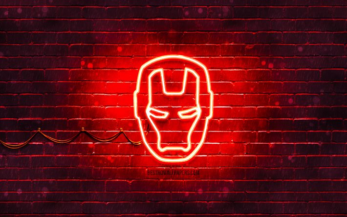 iron man rotes logo, 4k, rote ziegelwand, ironman logo, iron man, superhelden, ironman neon-logo, iron man logo, ironman