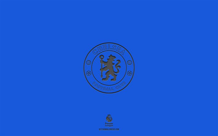 Chelsea FC, fond bleu, &#233;quipe anglaise de football, embl&#232;me de Chelsea FC, Premier League, Angleterre, football, logo de Chelsea FC