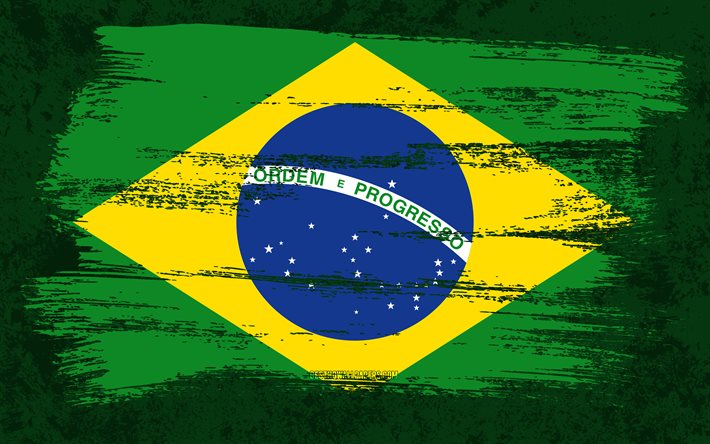 4k, Brasiliens flagga, grungeflaggor, sydamerikanska l&#228;nder, nationella symboler, penseldrag, brasiliansk flagga, grungekonst, Brasilien flagga, Sydamerika, Brasilien