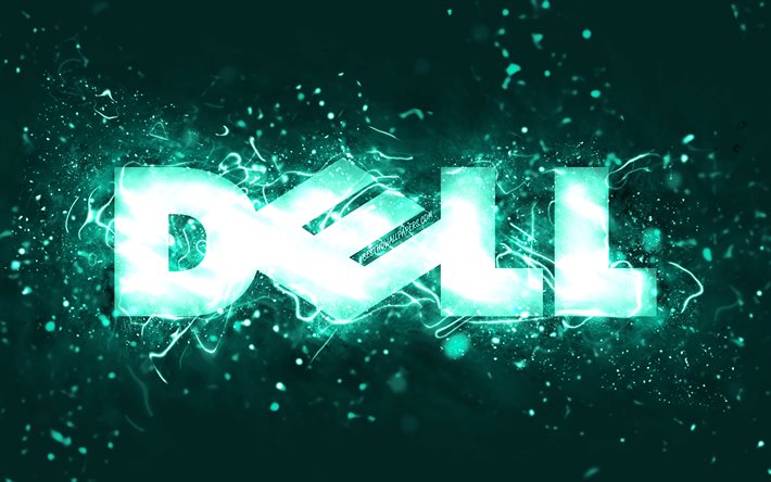 Dell turquoise logo, 4k, turquoise neon lights, creative, turquoise abstract background, Dell logo, brands, Dell