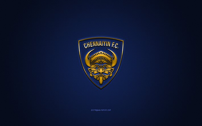 Chennaiyin FC, clube de futebol indiano, logotipo amarelo, fundo de fibra de carbono azul, Super Liga Indiana, futebol, Chennaiyin, &#205;ndia, logotipo chennaiyin FC