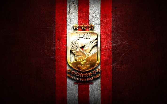 Al Ahly FC, logo dorato, Premier League egiziana, sfondo red metal, calcio, EPL, squadra di calcio egiziana, logo Al Ahly, Al Ahly SC