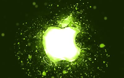 Apple lime logo, 4k, lime neon lights, creative, lime abstract background, Apple logo, brands, Apple