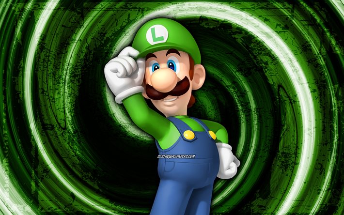 4k, Luigi, fundo grunge verde, encanador de desenho animado, Super Mario, v&#243;rtice, personagens de Super Mario, Super Mario Bros, Luigi Super Mario