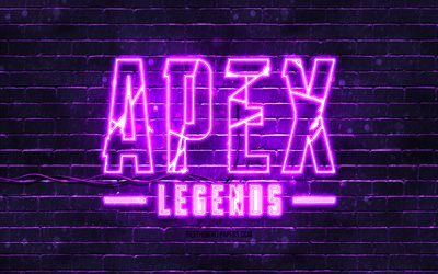 apex legends violett emblem, 4k, violett ziegelwand, apex legends emblem, autos marken, apex legends neon emblem, apex legends