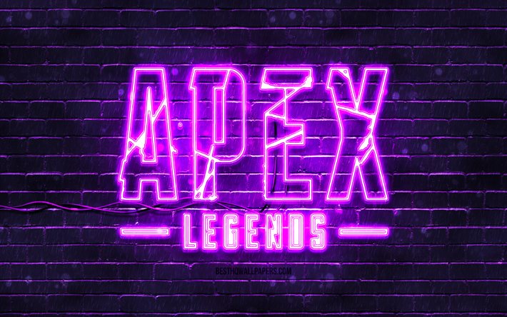 Emblema viola Apex Legends, 4k, muro di mattoni viola, emblema Apex Legends, marchi di auto, emblema al neon Apex Legends, Apex Legends