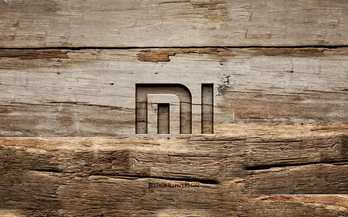 Xiaomi logo en bois, 4K, fonds en bois, marques, logo Xiaomi, cr&#233;atif, sculpture sur bois, Xiaomi