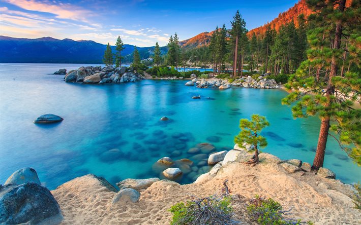 Sierra Nevada, 4k, blue lake, sunset, forest, american landmarks, USA, America, mountains, beautiful nature