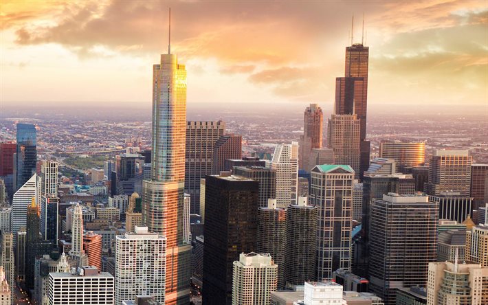 Chicago, kv&#228;ll, solnedg&#229;ng, skyskrapor, Willis Tower, Chicago stadsbild, Chicago Skyline, Trump International Hotel and Tower, Illinois, USA