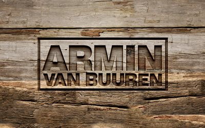Armin van Buuren wooden logo, 4K, wooden backgrounds, dutch DJs, music stars, Armin van Buuren logo, creative, wood carving, Armin van Buuren