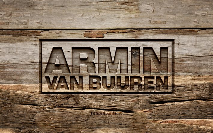 Logotipo de madeira Armin van Buuren, 4K, fundo de madeira, DJs holandeses, estrelas da m&#250;sica, logotipo Armin van Buuren, criativo, escultura de madeira, Armin van Buuren