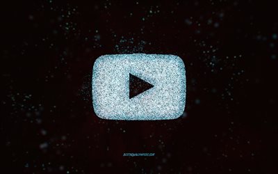 YouTube glitter logotyp, svart bakgrund, YouTube logotyp, bl&#229; glitter konst, YouTube, kreativ konst, YouTube bl&#229; glitter logotyp