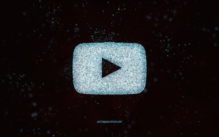 Logotipo do YouTube glitter, fundo preto, logotipo do YouTube, arte de glitter azul, YouTube, arte criativa, logotipo de glitter azul do YouTube